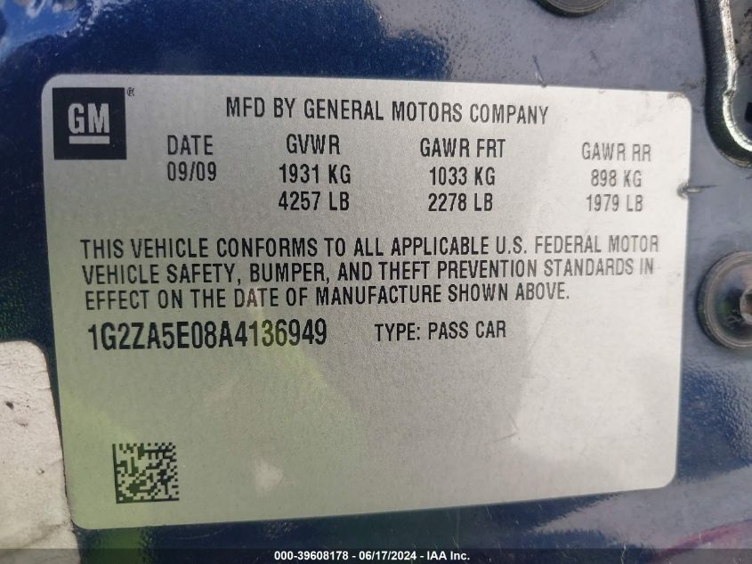 2010 Pontiac G6 VIN: 1G2ZA5E08A4136949 Lot: 39608178