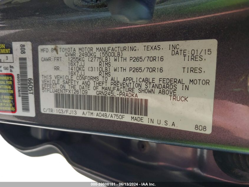 2015 Toyota Tacoma Base V6 VIN: 5TFLU4EN7FX126109 Lot: 39608181