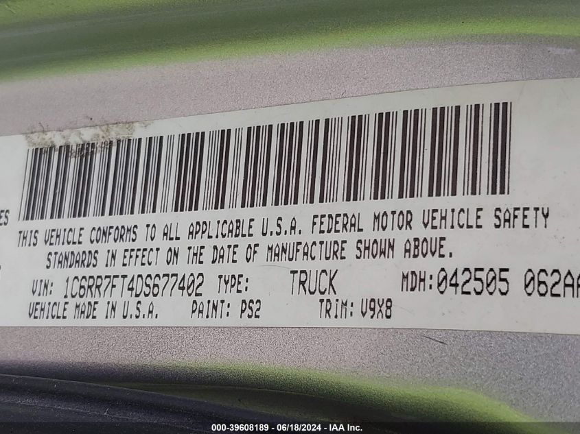 2013 Ram 1500 Express VIN: 1C6RR7FT4DS677402 Lot: 39608189