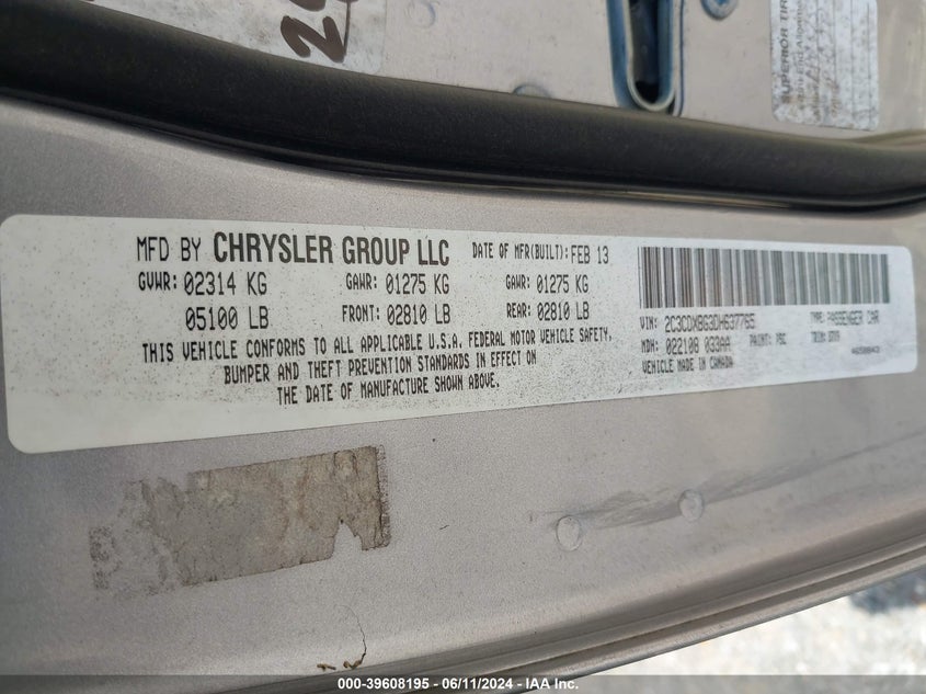 2013 Dodge Charger Se VIN: 2C3CDXBG3DH637765 Lot: 39608195