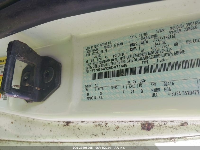 2008 Ford E-150 Commercial VIN: 1FTNS14W28DA71449 Lot: 39608205