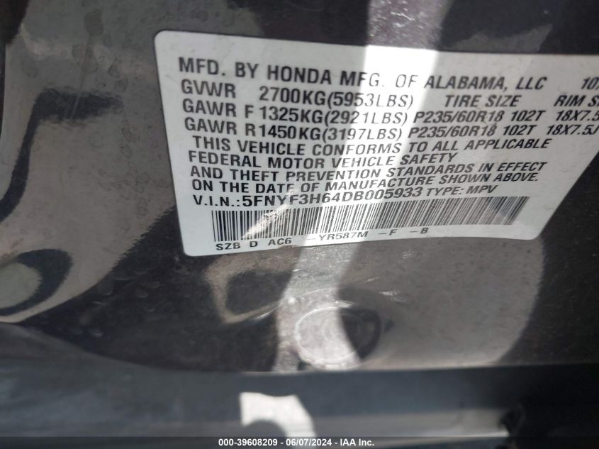 2013 HONDA PILOT EX-L - 5FNYF3H64DB005933