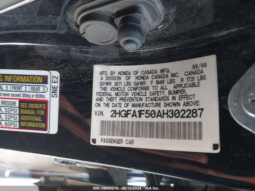 2010 Honda Civic Lx VIN: 2HGFA1F50AH302287 Lot: 39608215