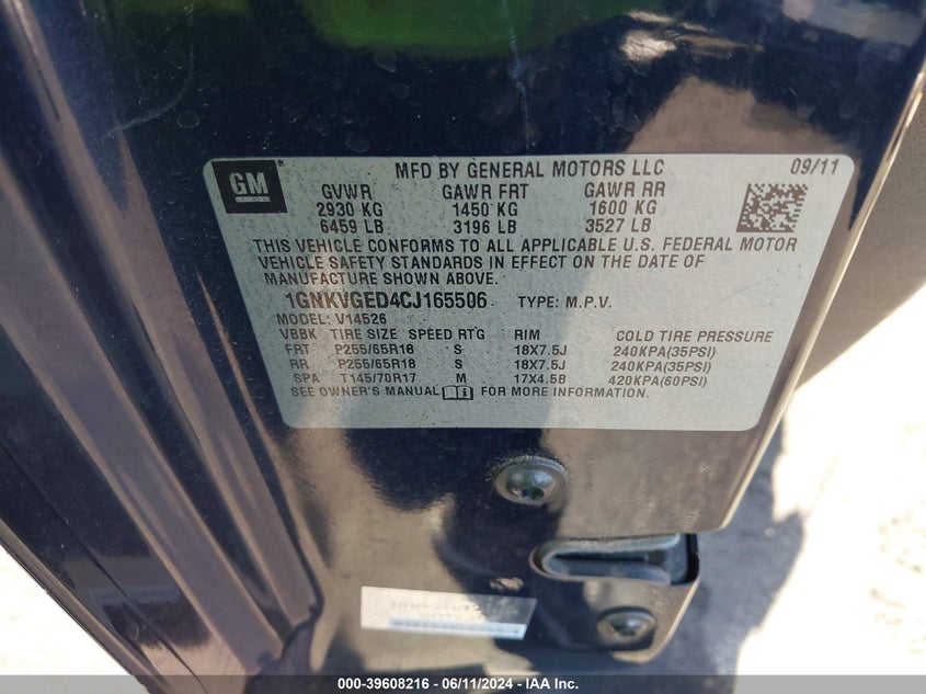 2012 Chevrolet Traverse 1Lt VIN: 1GNKVGED4CJ165506 Lot: 39608216