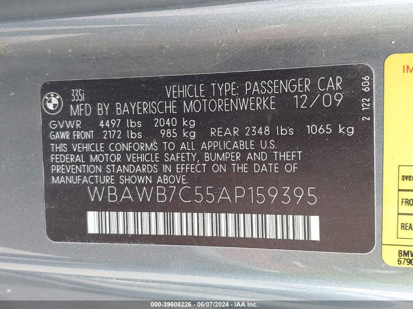2010 BMW 335I VIN: WBAWB7C55AP159395 Lot: 39608226