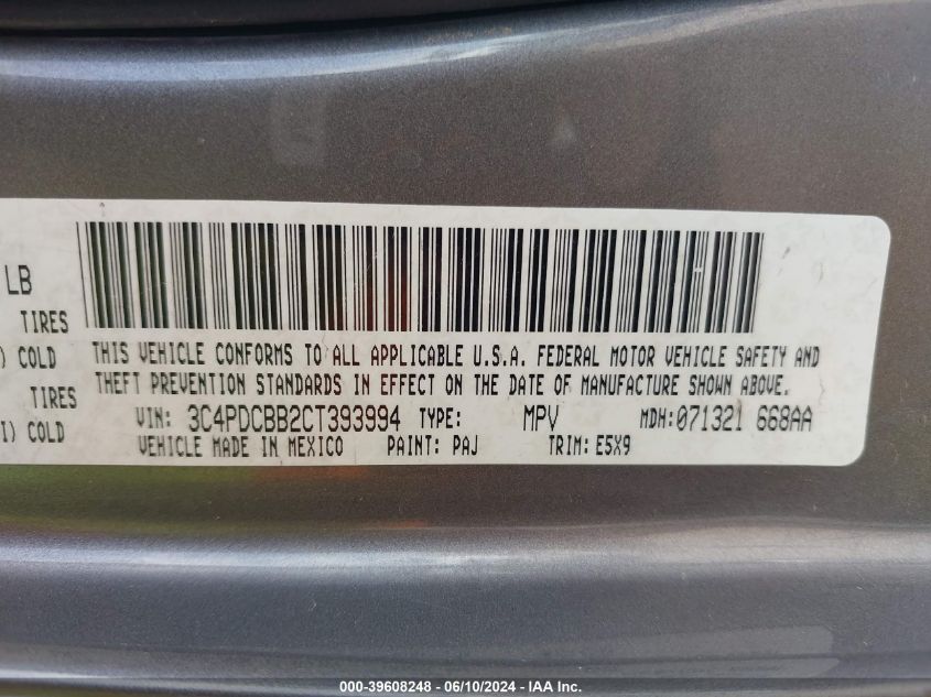 2012 Dodge Journey Sxt VIN: 3C4PDCBB2CT393994 Lot: 39608248