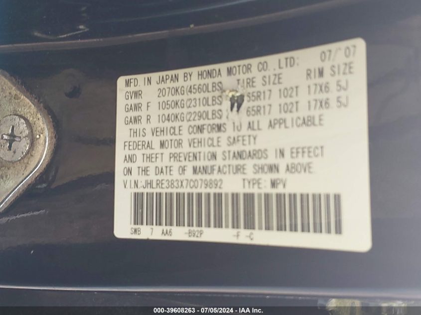 2007 Honda Cr-V Lx VIN: JHLRE383X7C079892 Lot: 39608263