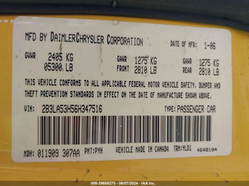 2006 Dodge Charger Rt VIN: 2B3LA53H56H347516 Lot: 39608270