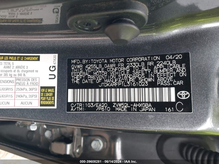 2020 Toyota Prius Prime Xle VIN: JTDKARFP1L3161023 Lot: 39608281