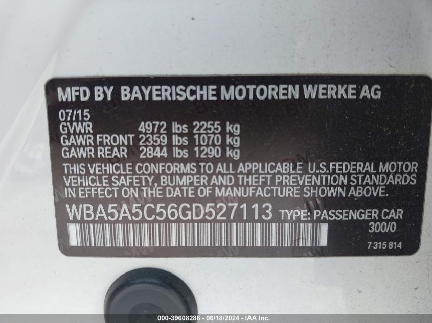 2016 BMW 528I VIN: WBA5A5C56GD527113 Lot: 39608288