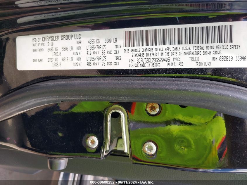 2011 Ram Ram 2500 Slt VIN: 3D7UT2CL7BG520405 Lot: 39608292