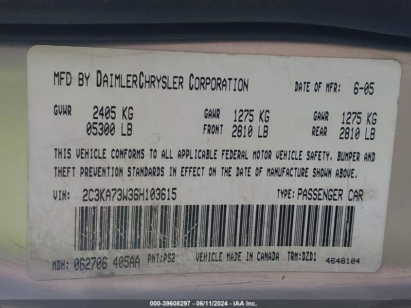 2006 Chrysler 300C Srt8 VIN: 2C3KA73W36H103615 Lot: 39608297