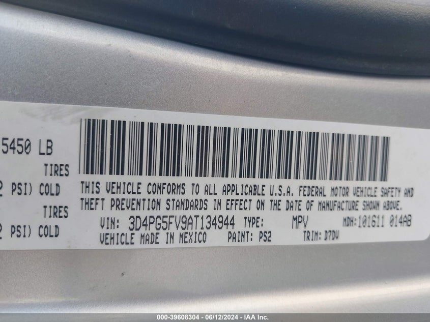 2010 Dodge Journey Sxt VIN: 3D4PG5FV9AT134944 Lot: 39608304