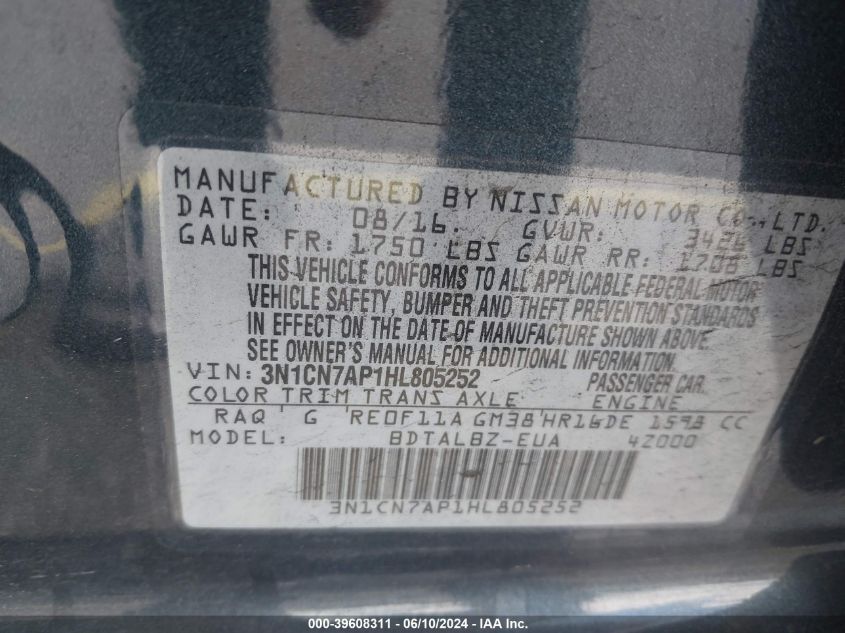 2017 Nissan Versa 1.6 Sv VIN: 3N1CN7AP1HL805252 Lot: 39608311