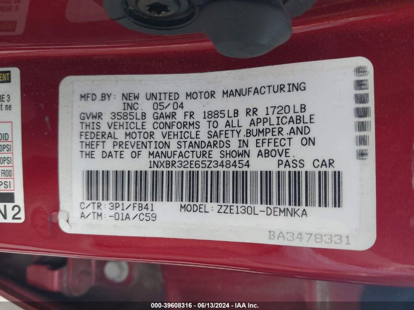 2005 Toyota Corolla Le VIN: 1NXBR32E65Z348454 Lot: 39608316