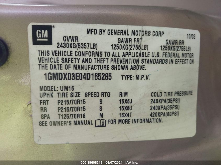 2004 Pontiac Montana M16 W/1Sa Pkg. VIN: 1GMDX03E04D165285 Lot: 39608318