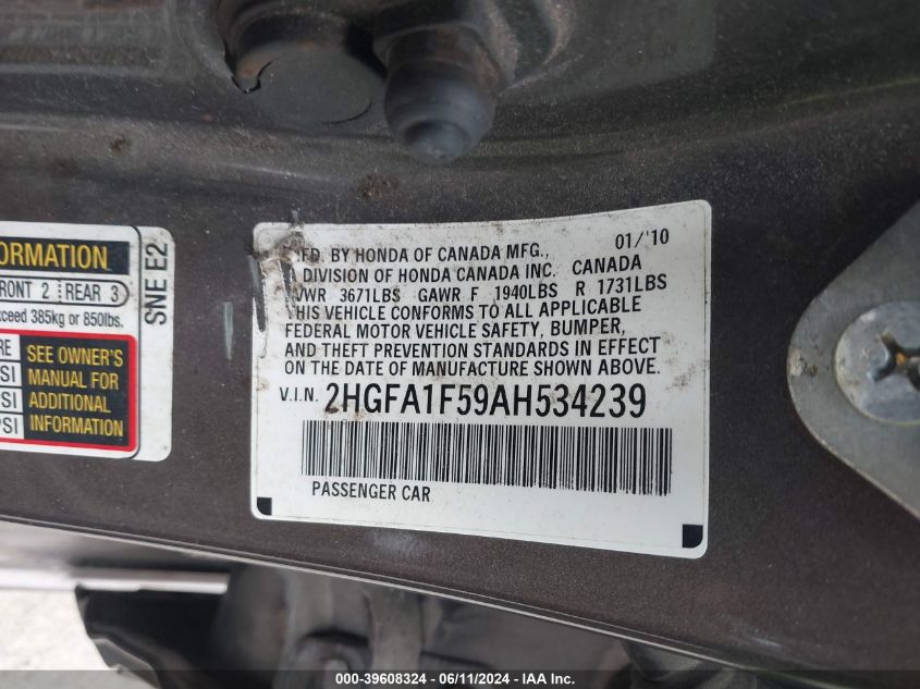 2010 Honda Civic Lx VIN: 2HGFA1F59AH534239 Lot: 39608324