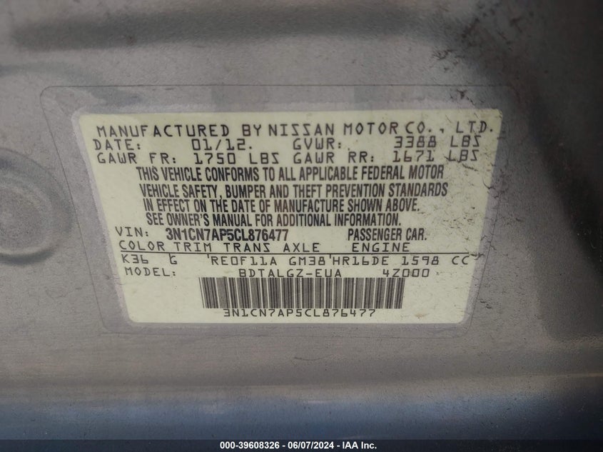 2012 Nissan Versa 1.6 Sl VIN: 3N1CN7AP5CL876477 Lot: 39608326