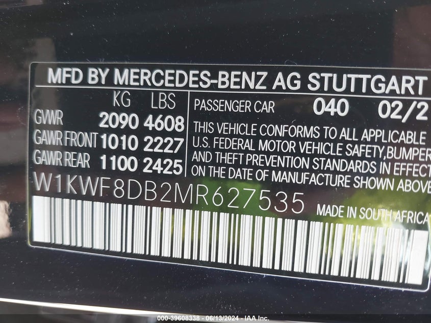 2021 Mercedes-Benz C 300 Sedan VIN: W1KWF8DB2MR627535 Lot: 39608338