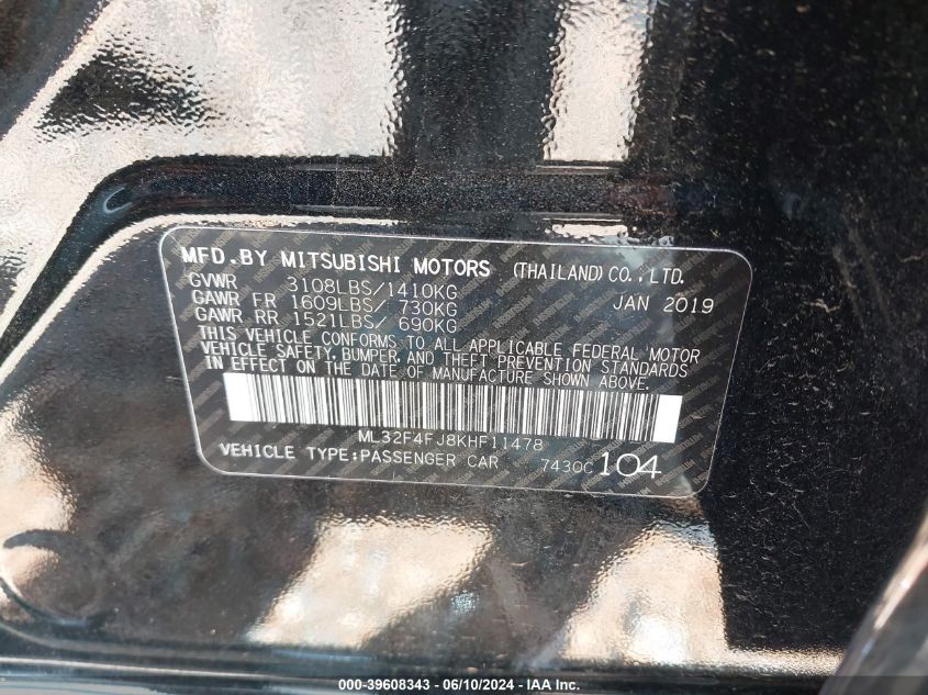 ML32F4FJ8KHF11478 2019 Mitsubishi Mirage G4 Se