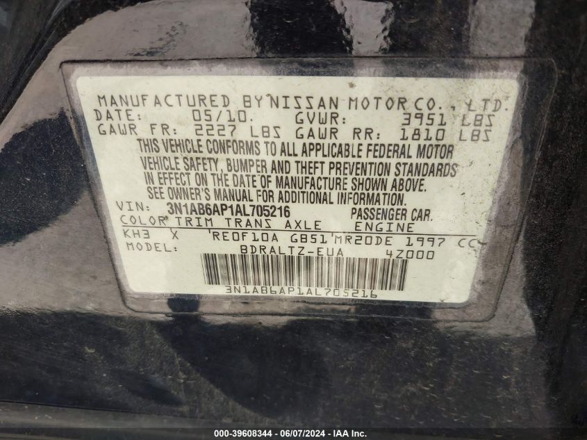 2010 Nissan Sentra 2.0S VIN: 3N1AB6AP1AL705216 Lot: 39608344