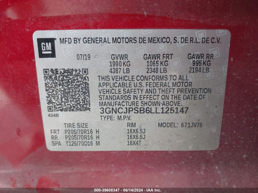 2020 Chevrolet Trax Awd Lt VIN: 3GNCJPSB6LL125147 Lot: 39608347