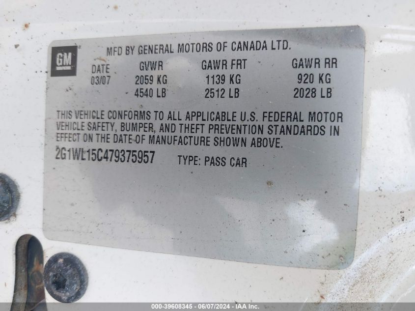 2007 Chevrolet Monte Carlo Ss VIN: 2G1WL15C479375957 Lot: 39608345