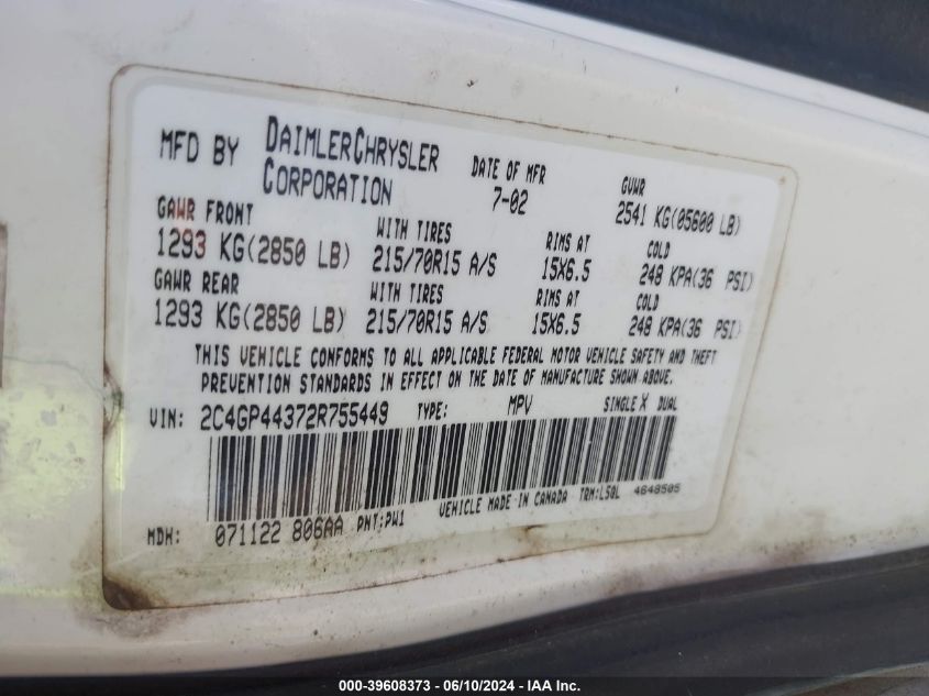 2002 Chrysler Town & Country Lx VIN: 2C4GP44372R755449 Lot: 39608373