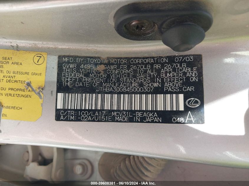 2004 Lexus Es 330 VIN: JTHBA30G845000307 Lot: 39608381