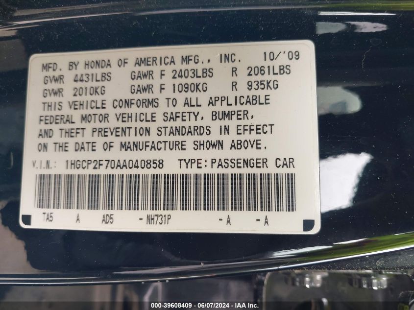 2010 Honda Accord 2.4 Ex VIN: 1HGCP2F70AA040858 Lot: 39608409