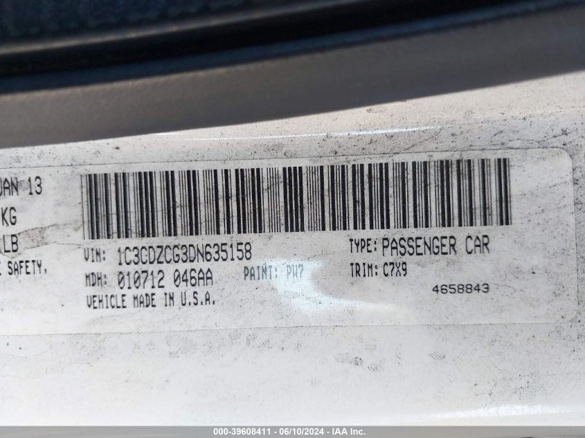 2013 Dodge Avenger Sxt VIN: 1C3CDZCG3DN635158 Lot: 39608411