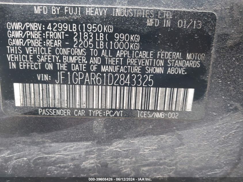 2013 Subaru Impreza 2.0I Sport Limited VIN: JF1GPAR61D2843325 Lot: 39608426
