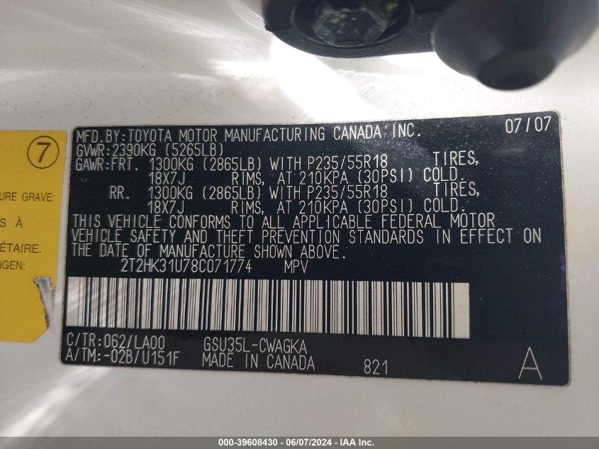 2008 Lexus Rx 350 VIN: 2T2HK31U78C071774 Lot: 39608430