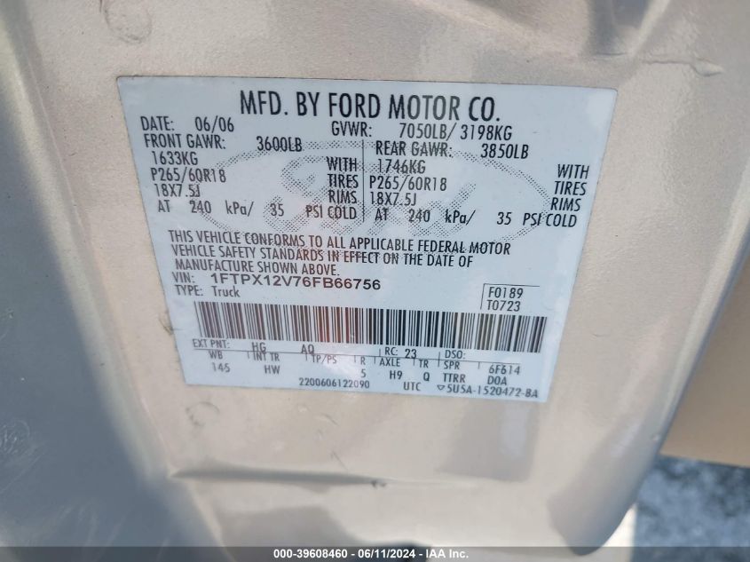 2006 Ford F-150 Lariat/Xl/Xlt VIN: 1FTPX12V76FB66756 Lot: 39608460
