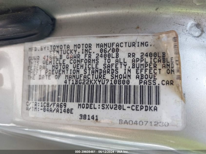 2000 Toyota Camry Ce VIN: 4T1BG22KXYU710800 Lot: 39608461