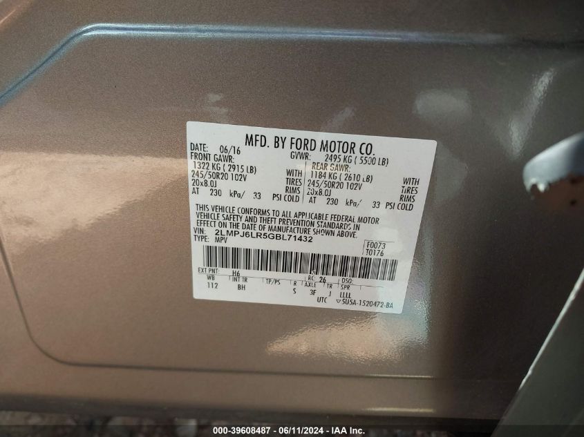 2016 Lincoln Mkx Reserve VIN: 2LMPJ6LR5GBL71432 Lot: 39608487