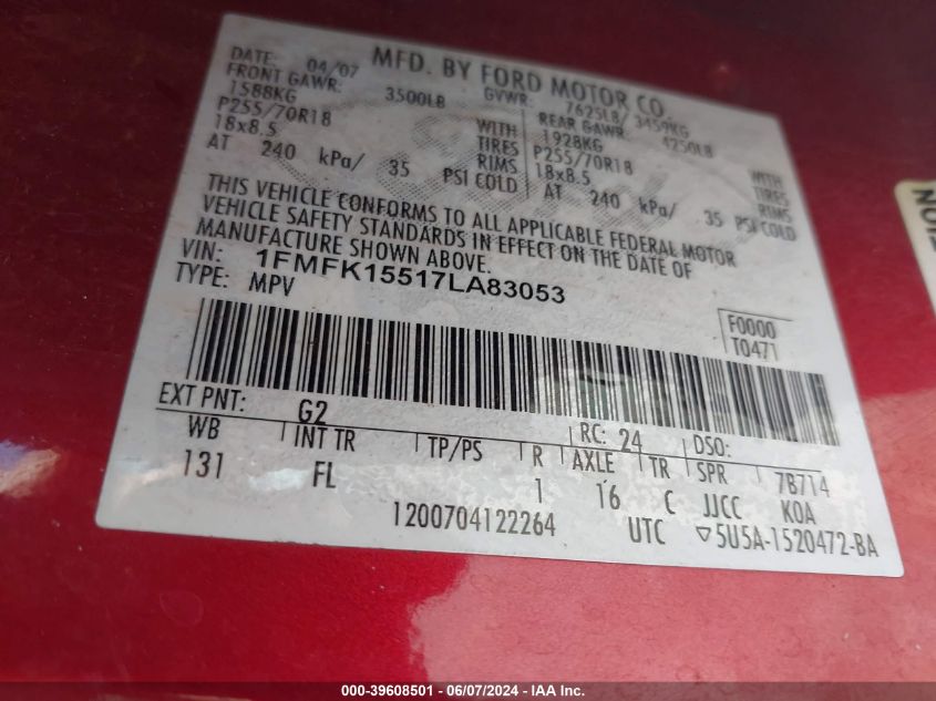 2007 Ford Expedition El Xlt VIN: 1FMFK15517LA83053 Lot: 39608501