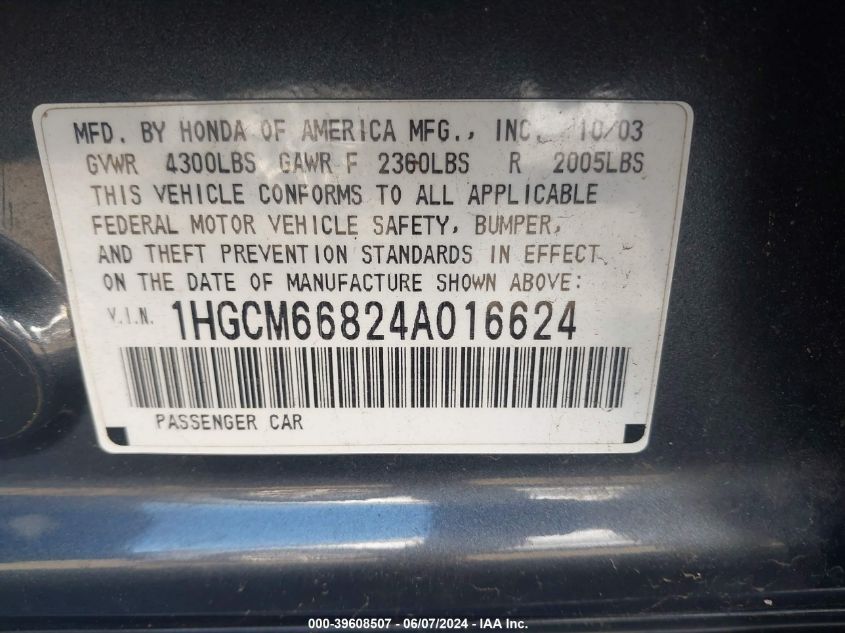 2004 Honda Accord 3.0 Ex VIN: 1HGCM66824A016624 Lot: 39608507