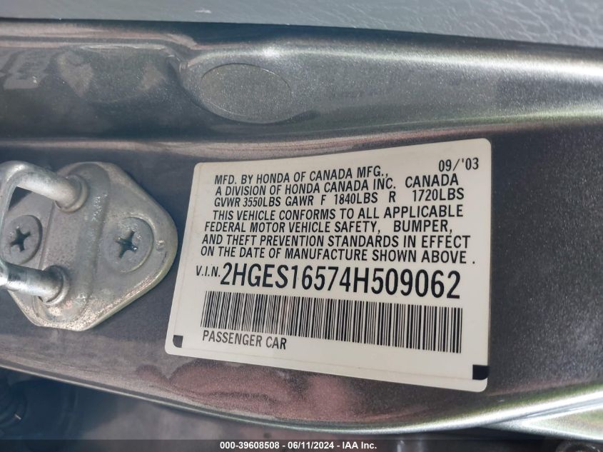 2004 Honda Civic Lx VIN: 2HGES16574H509062 Lot: 39608508