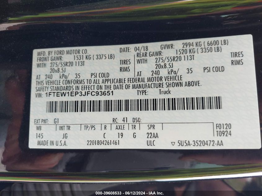 2018 Ford F-150 Xl VIN: 1FTEW1EP3JFC93651 Lot: 39608533