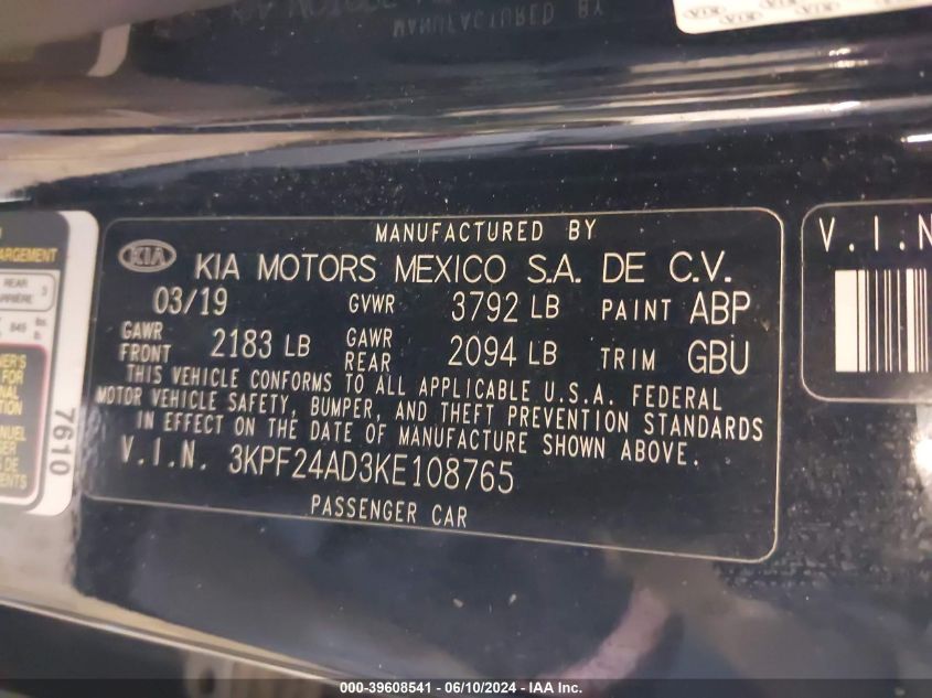 2019 Kia Forte Lxs VIN: 3KPF24AD3KE108765 Lot: 39608541