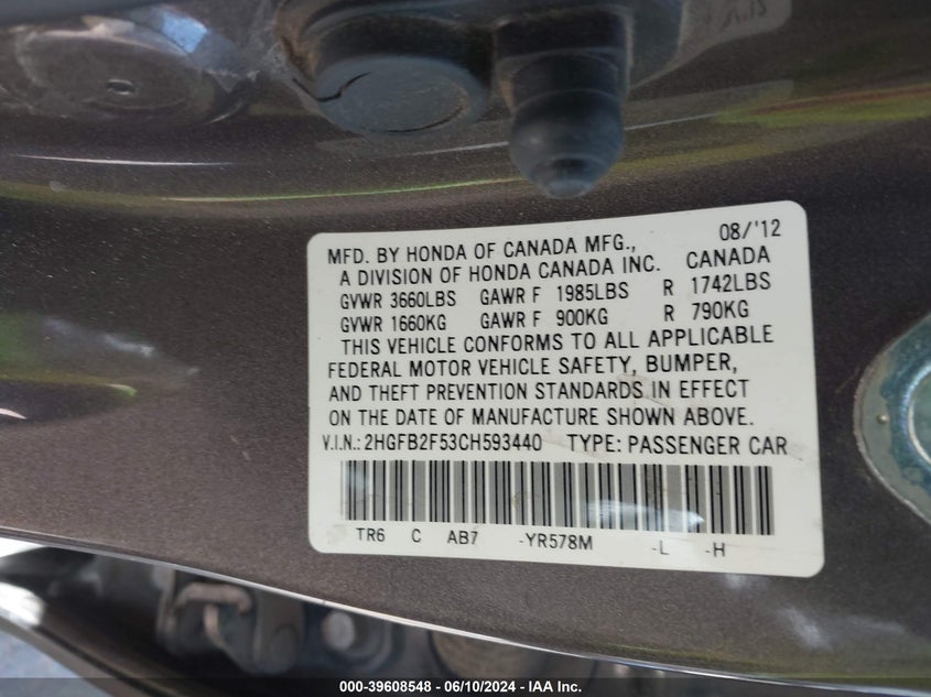 2012 Honda Civic Lx VIN: 2HGFB2F53CH593440 Lot: 39608548