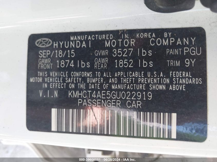 2016 Hyundai Accent Se VIN: KMHCT4AE5GU022919 Lot: 39608551