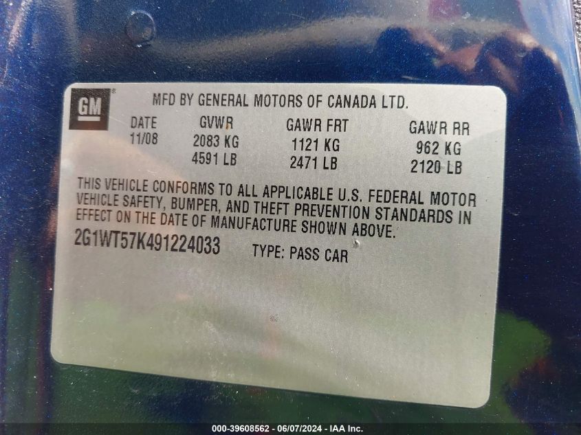2009 Chevrolet Impala Lt VIN: 2G1WT57K491224033 Lot: 39608562