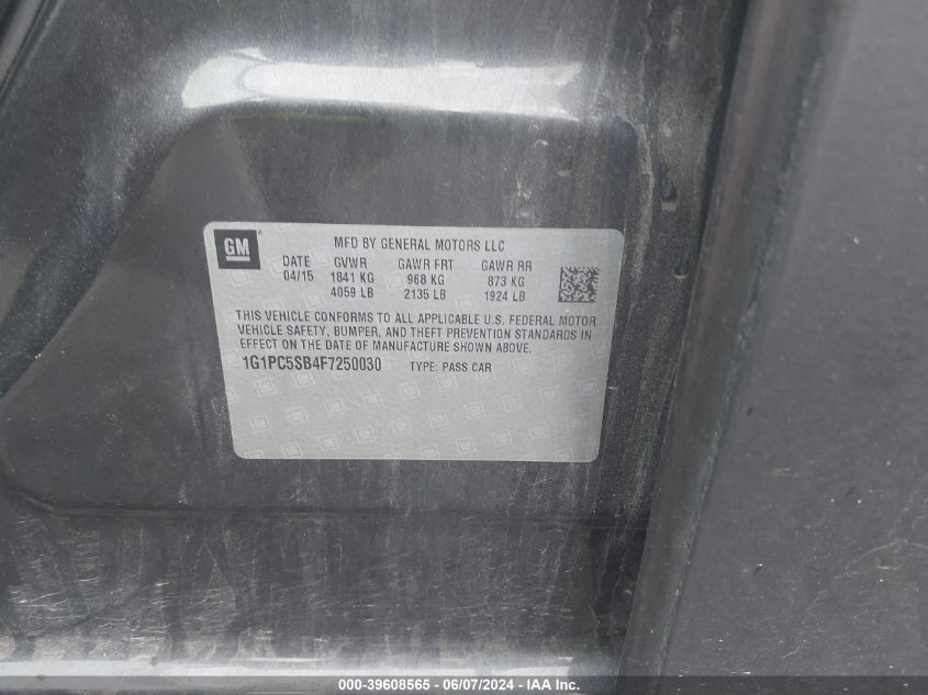 2015 Chevrolet Cruze 1Lt Auto VIN: 1G1PC5SB4F7250030 Lot: 39608565