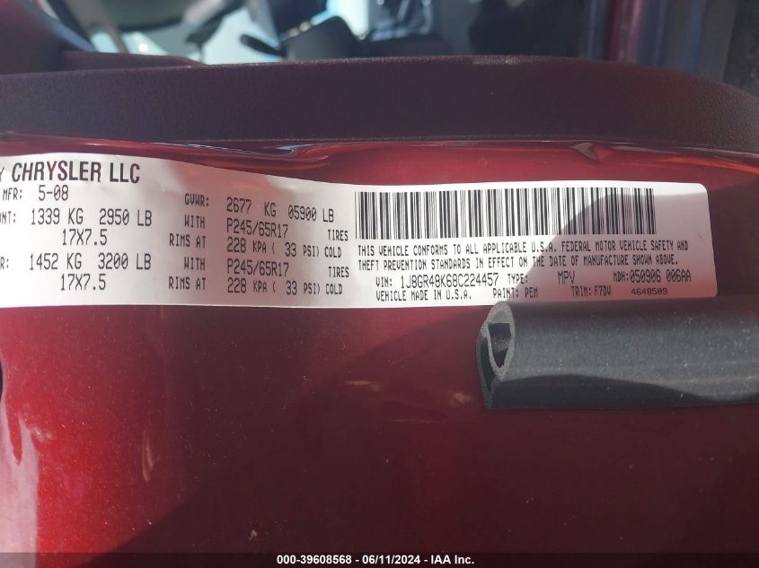 2008 Jeep Grand Cherokee Laredo VIN: 1J8GR48K68C224457 Lot: 39608568