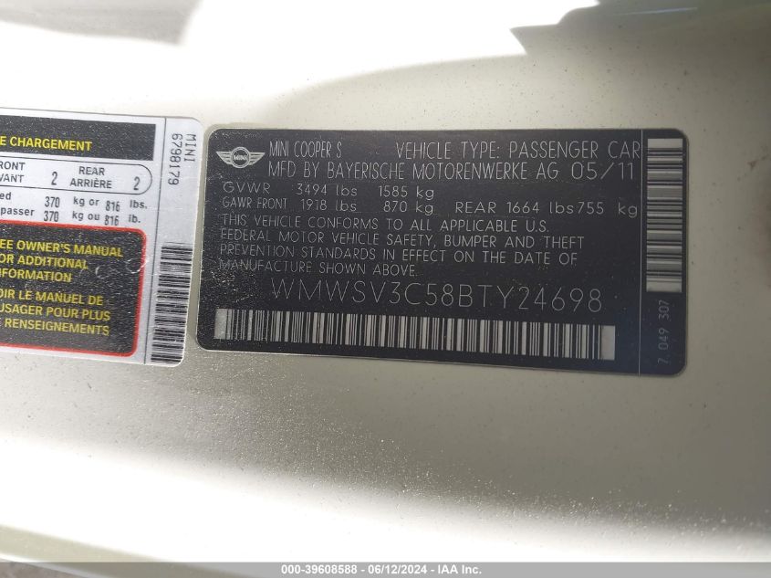 2011 Mini Cooper S VIN: WMWSV3C58BTY24698 Lot: 39608588