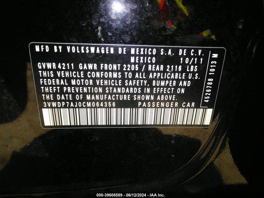 2012 Volkswagen Jetta 2.5L Se VIN: 3VWDP7AJ0CM064356 Lot: 39608589