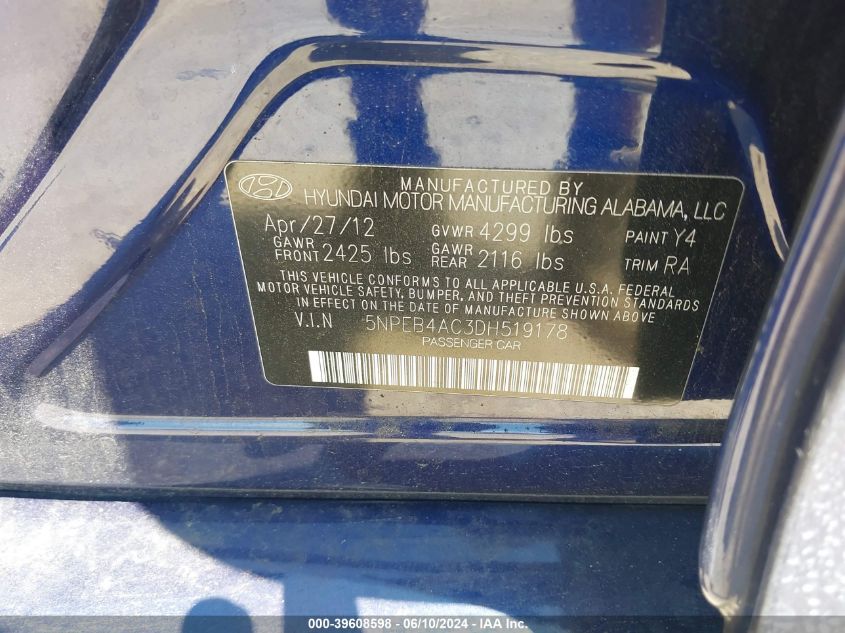 2013 Hyundai Sonata Gls VIN: 5NPEB4AC3DH519178 Lot: 39608598