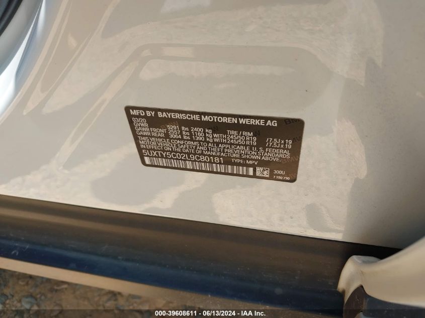 2020 BMW X3 xDrive30I VIN: 5UXTY5C02L9C80181 Lot: 39608611